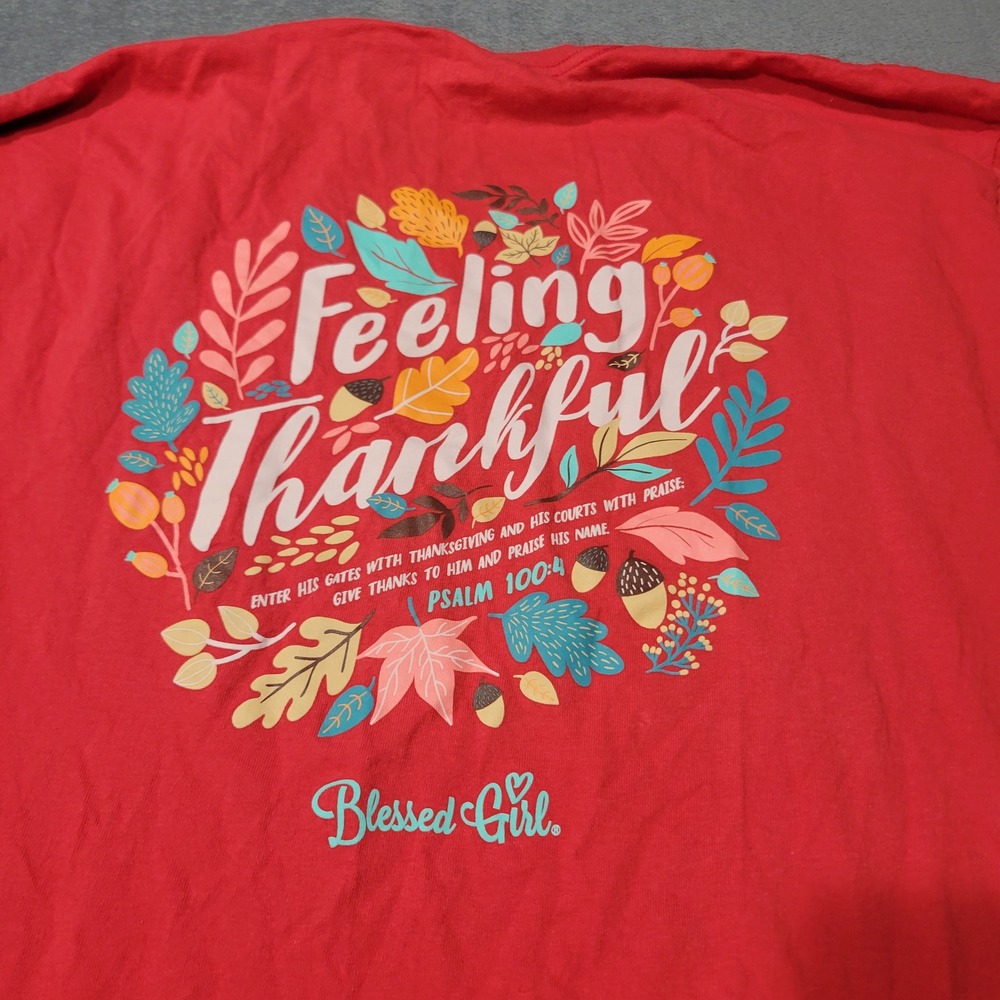 Blessed‎ Girl Long Sleeve T-Shirt Women XL Red Feeling Thankful Psalm 100:4 Fall